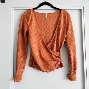 NWOT Free People Penny Plunge Neck Long Sleeve Wrap Textured Top